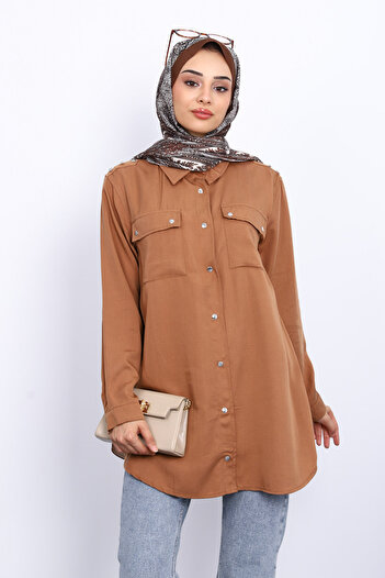 İmajButik Tan Double Pocket Tunic with Shoulder Epaulettes