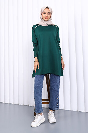 İmajButik Emerald Green Shoulder Stone Cold Yarn Knitwear Tunic
