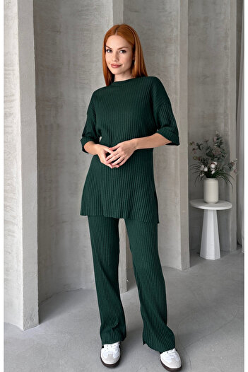 EYYE Emerald Green Women's Cotton Short Sleeve Ribbed Blouse Pants Set
