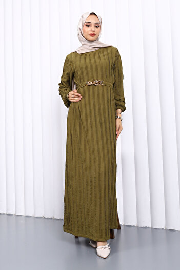 İmajButik K. Oil Green Waist Belted Ruffle Detailed Seersucker Dress