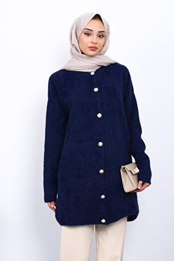 İmajButik Navy Blue Buttoned Angora Soft Knit Cardigan