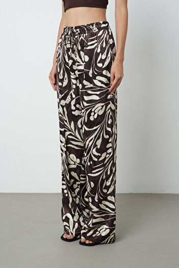 Orfeo Negro Women's Brown - Cream Color Patterned Wide Leg Elastic Waist Trousers
