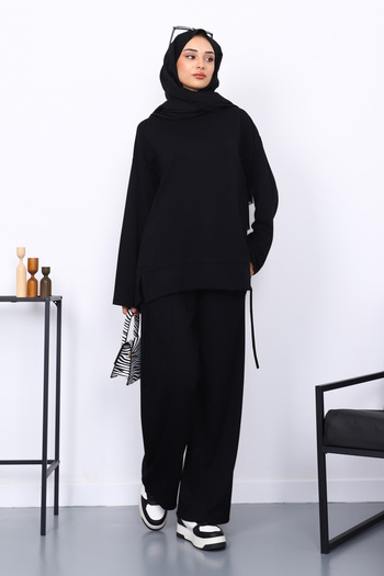 İmajButik Black Front Detailed Modal Tunic Trouser Suit
