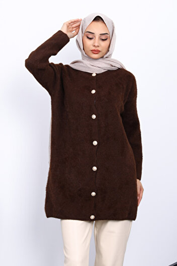 İmajButik Brown Buttoned Angora Soft Knit Cardigan