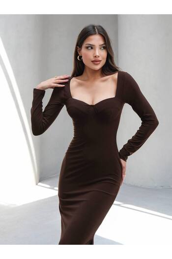 MY DEPO Women's Sandy Maxi Dress with Bust Glops and Slit Detail