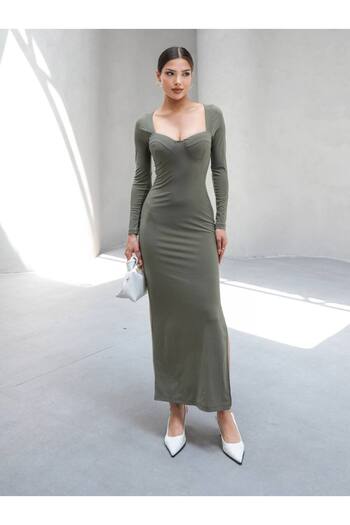 MY DEPO Women's Sandy Maxi Dress with Bust Glops and Slit Detail