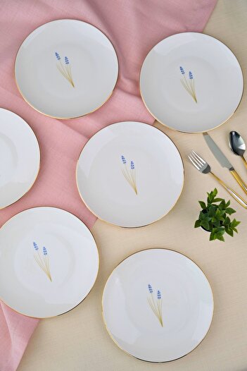 tabakevi Tabak Evi Porselen Natura Lavanta Altın Yaldız Pasta Tabağı 20,50cm 6 lı