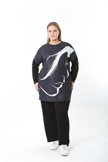 XL Modam Wool Viscose Patterned Lycra Women's Plus Size Tunic