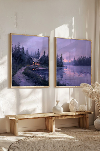 STARYUNA Wooden Framed Foggy Lake and Forest Hut Landscape Double Purple Painting Set Yuna424