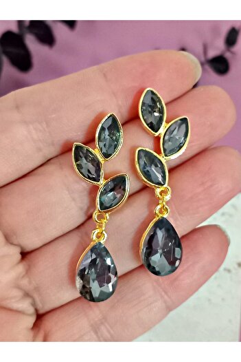 mos&more Anthracite Gold Crystal Stone Leaf Earrings