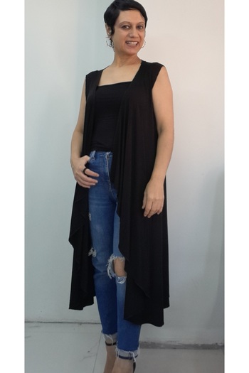 Mertcan Butik Black Draped Front Loose Sleeveless Combed Viscose Vest
