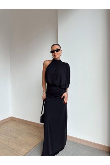 Niceboutique Black High Neck One Shoulder Maxi Length Designer Dress
