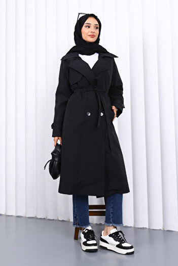 İmajButik Black Double Breasted Collar Trench Coat