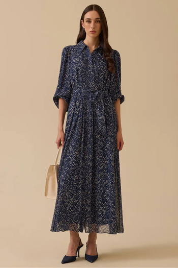 SEÇİL Women's Pleated Detailed Patterned Belted Dress - Navy Blue