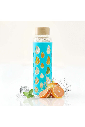 Köken 550ml borosilicate glass bottle, bamboo lid, silicone cover, cold/hot resistant, 23x6 cm, Turquoise