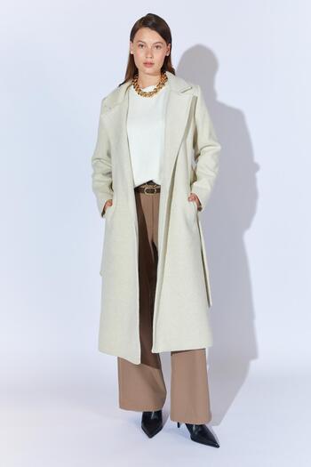 TENA Women's Basic Long Cashmere Coat with Stone Collar and Belt