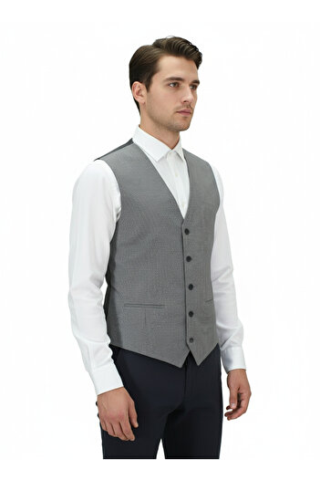 MENTOR REGALO Men's Vest V-Neck Gray Mini Square Patterned Regular Fit
