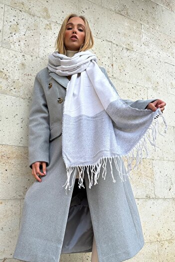 VAGGON Women's Gray Tassel Detailed Patterned Shawl Prmx11280