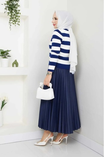 bm bessomoda fashion boutique Women's Button Detailed Striped Skirt Top Knitwear Cardigan