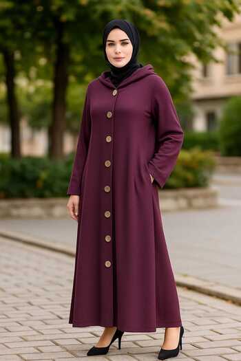Şans Women's Plus Size Purple, Hooded, Side Pockets Front Button Long Cap 65N39146