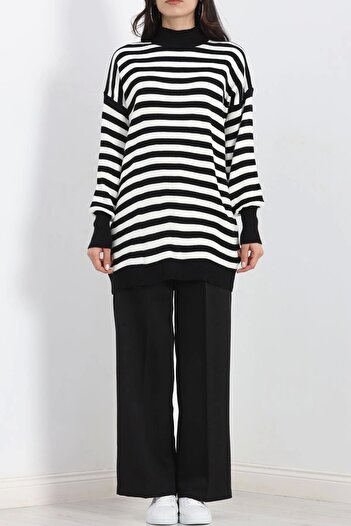 KAZAX Half Turtleneck Striped Oversized Knit Sweater Black and White