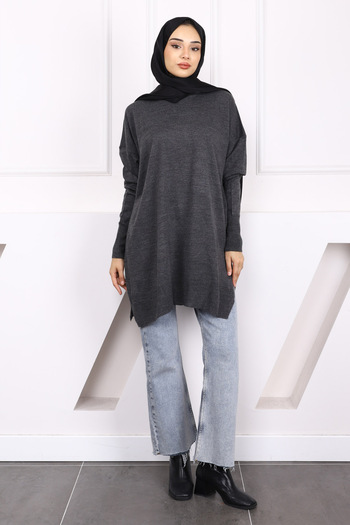 İmajButik Anthracite Crew Neck Mercerized Casual Knitwear Tunik