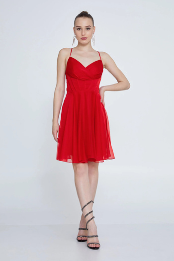 DORİDORCA Women's Strappy Cross-Back Short Evening Dress 6025 Red