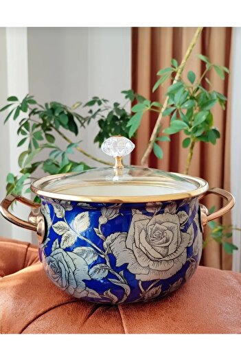 EBRULİEMAYE Navy Blue Rose Enamel Lux Pot 5 Liters 24 cm Diameter Milk Yogurt Soup Pot