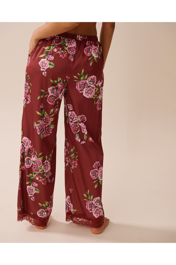 La Vie en Rose Rose Print Satin and Lace Trim Pants