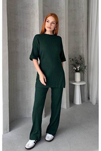 EYYE Emerald Green Women's Cotton Short Sleeve Ribbed Blouse Pants Set