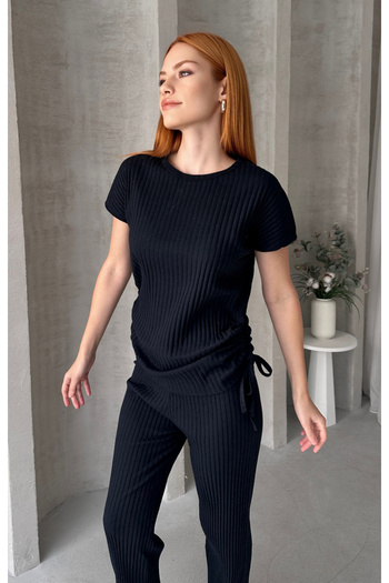 EYYE Women's Cotton Side Gathered Ribbed Bottom Top Set