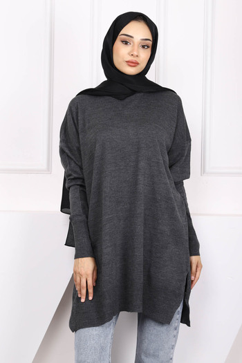 İmajButik Anthracite Crew Neck Mercerized Casual Knitwear Tunik