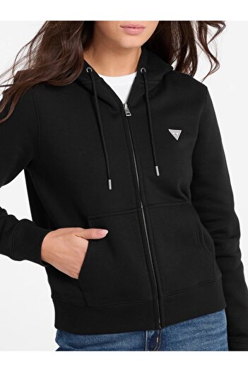 Guess Jeans Düz Siyah Kadın Sweatshırt GJ ZIP HOOD REG MINI - ORGANIC CO/P