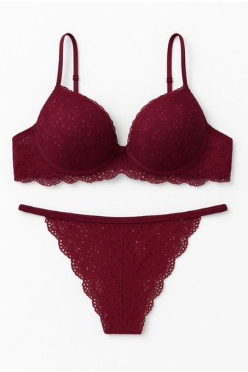 DOSESA Burgundy Lace Padded Underwire Bra Set – Stylish & Supportive