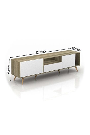 BAITY Rectangular TV Table with Fixed Base, 179 cm, Wooden Shelves and Drawers - Wooden and White Color