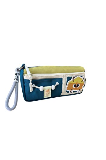 Elegance Yescholar Korean Style Two-Compartment Stickered Fabric Navy Blue-Mustard Pencil Case