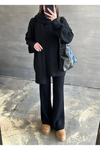 My Blog Black Scarf Sweater Pants Knit Set - 241060