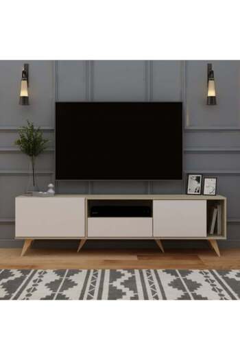 BAITY Rectangular TV Table with Fixed Base, 179 cm, Wooden Shelves and Drawers - Wooden and White Color