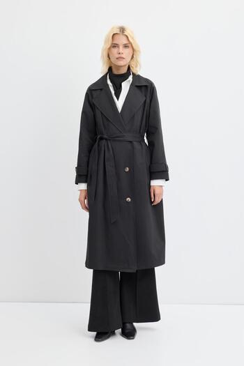 KADRİYE BAŞTÜRK Double-Breasted Collar Lined Long Trench Coat Black