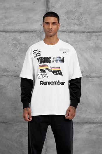 NOMARC White Remember Printed Oversize Sweatshirt with Partial Sleeves