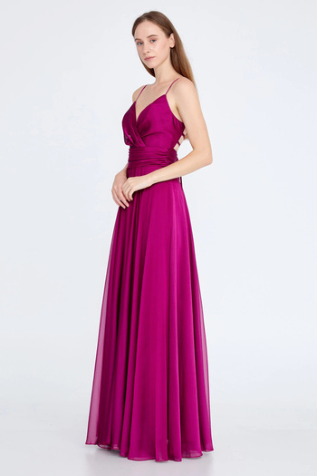 DORİDORCA Women's Strap Back Detailed Long Evening Dress 5922022 Fuchsia