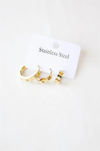 shopwave 3-Piece Stone Steel Hoop Earrings - Gold