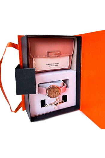 velve JESOU COLLECTION women's gift set, ladies watch, wallet and bracelet 19x14cm, Pale pink
