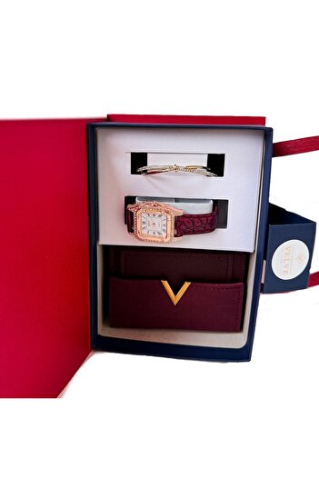 velve JESOU COLLECTION women's gift set, ladies watch, wallet and bracelet 19x14cm, Burgundy