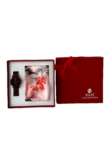 velve JESOU COLLECTION women's gift set, ladies' watch and scarf, 17x17cm, Bordeaux