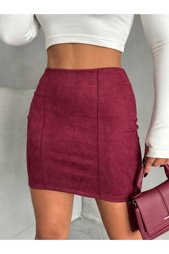 Bleu Petite Cımalı Suede Detail High Waist Skirt