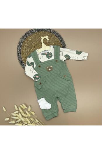 Amur Teddy Bear Patterned Badi Bear Embroidered Green Salopet and Socks Set Cotton