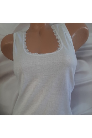 Butik White Collar Tiny Lace Trim Thick Strap 100% Cotton Women's Tank Top