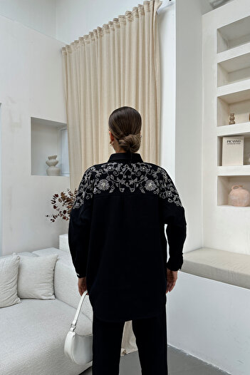 MİA NOURA Women's Embroidered Front and Back Gabardine Shirt and Pants Set