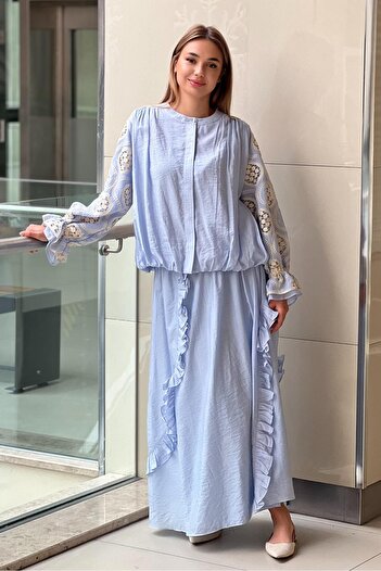 Ghisa Shirt Sleeves Guipure Skirt Ruffle Set